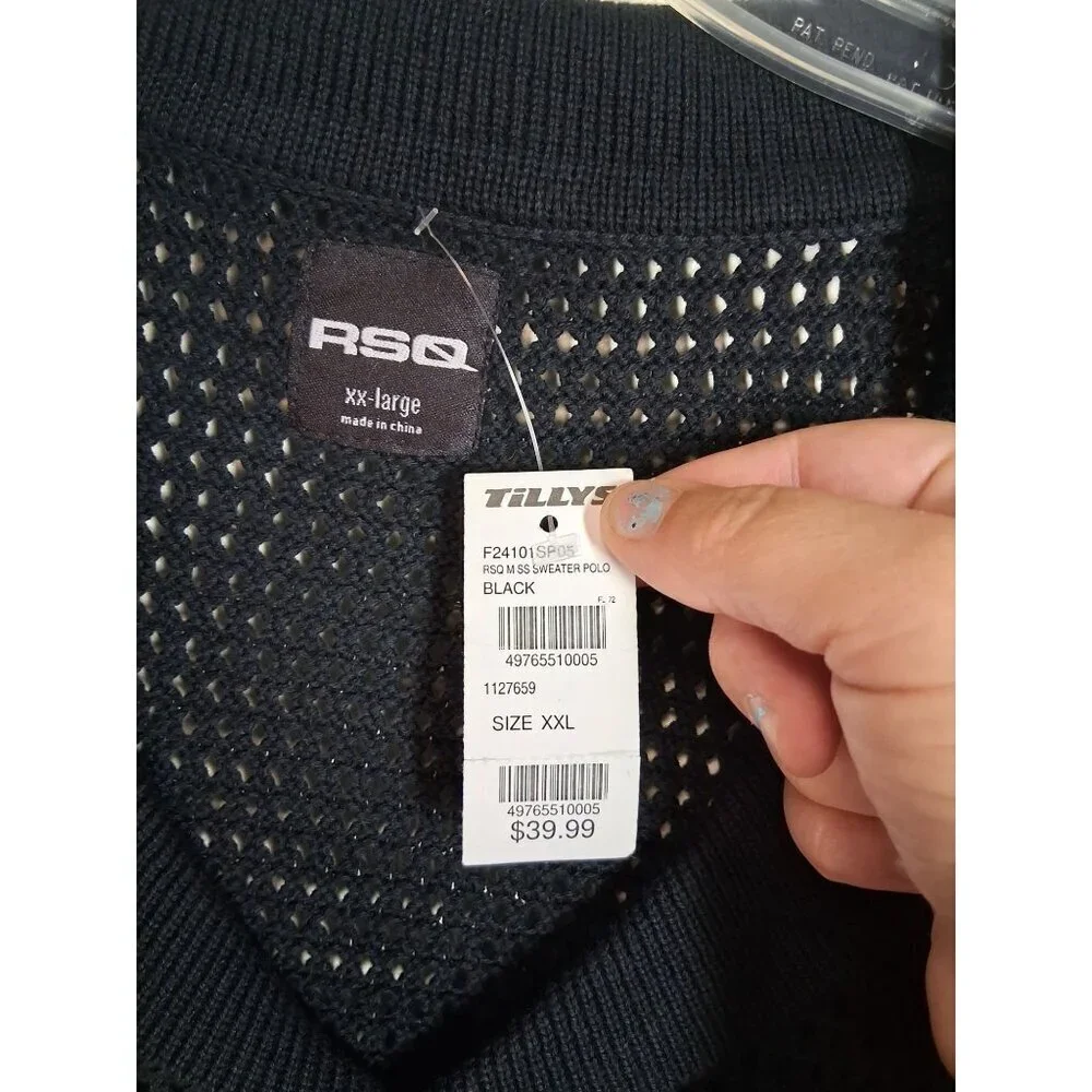 NWT RSQ Sweater Short Sleeve Open Knit Collared Black Men's Size XXL